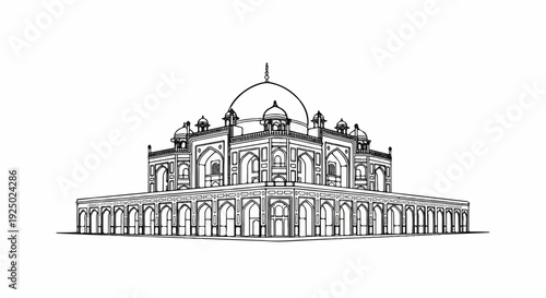Detailed black and white line drawing of an ornate domed building with arched arcades