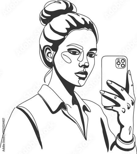 Woman with eye patches takes a selfie with her phone