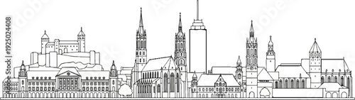 A detailed line drawing depicts a historical cityscape with a castle and varied architectural styles