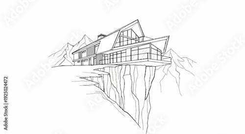 Modern house perched precariously on a cliff edge with mountain backdrop