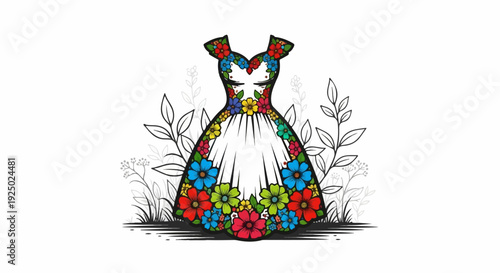 A vibrant floral dress displayed on a white background with sketched foliage