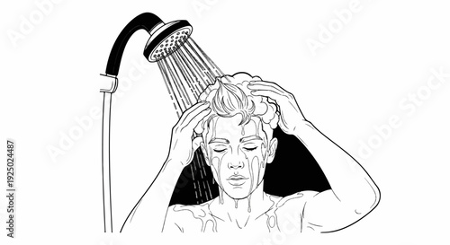 A person washes their hair under a shower with water running down their face