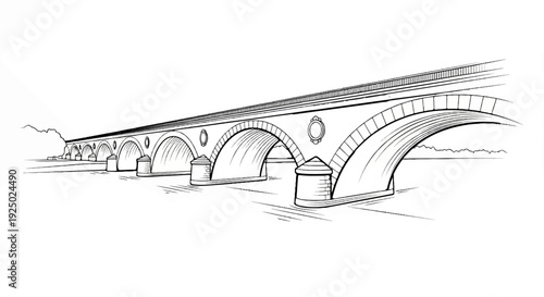 A long, arched stone bridge spans a body of water under a bright sky