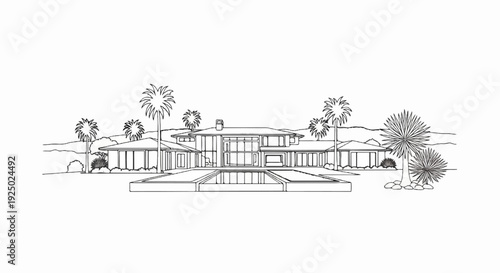 A grand modern house with a swimming pool and tropical palm trees