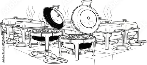 An artistic depiction of steaming chafing dishes filled with food at a buffet