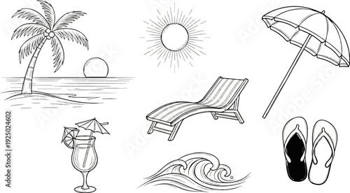 Tropical beach scene with palm tree, sun, lounge chair, drink, umbrella, waves, flip-flops