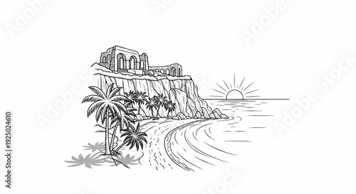 An ancient coastal ruin overlooks a tropical beach with palm trees at sunset