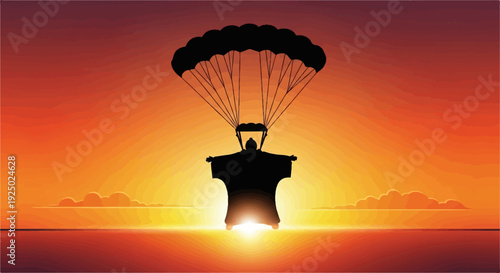 Silhouette of a wingsuit flyer descending against a vibrant sunset