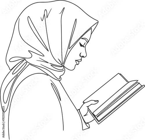 Young muslim woman wearing hijab reading a book with focus