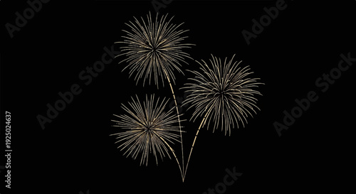 Three golden fireworks bursting against a black background