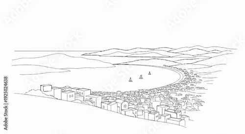 Stylized sketch of a coastal town nestled in a bay with distant hills