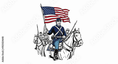 Cavalry soldier leads troops with American flag during wartime march