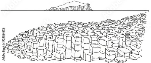 Stylized illustration of columnar basalt formations on a coastline with distant cliffs