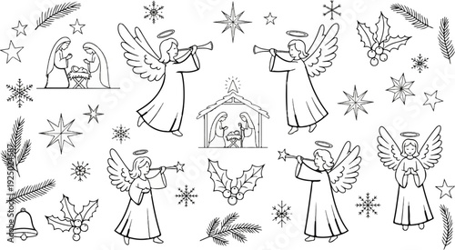 Christmas nativity scene with angels, stars, holly, bell, and fir branches