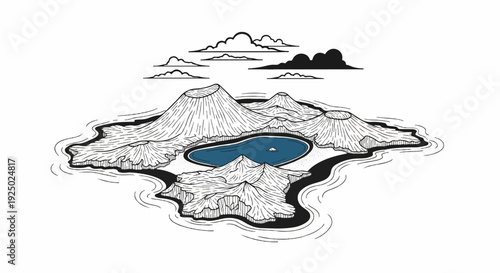 Volcanic island landscape illustration with a crater lake and clouds
