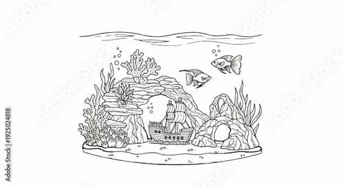 Underwater scene with shipwreck, fish, coral, and plants