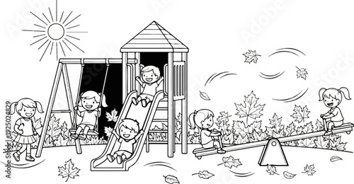 Children playing on playground equipment with falling leaves under a sunny sky