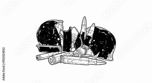 Vintage military helmet and ammunition remnants create a somber still life scene