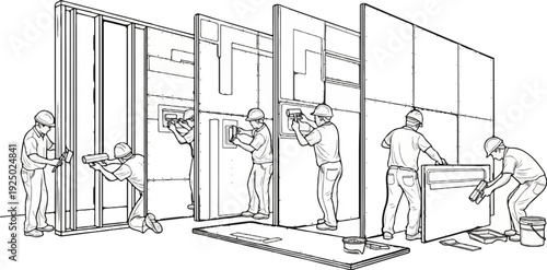 Construction workers installing wall panels and applying joint compound