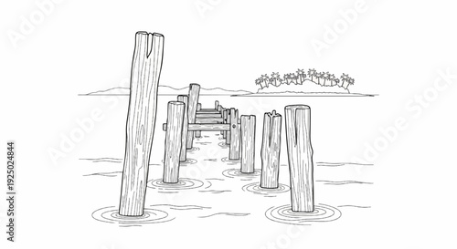 Rustic wooden pier leading to a tropical island with palm trees