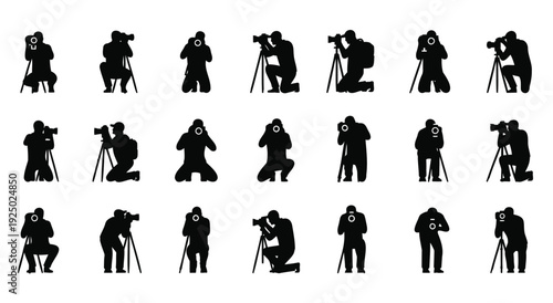 Photographer man silhouette holding camera set of 20 icons