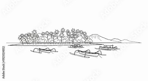 Tropical island with palm trees, boats, and distant mountains in a line drawing