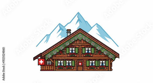 Detailed wooden chalet with Swiss flags, red roses, white flowers, and mountains