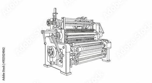 Detailed line art of a complex mechanical loom with gears, rollers, and many threads