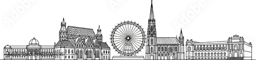Outline of famous buildings and a ferris wheel against white background