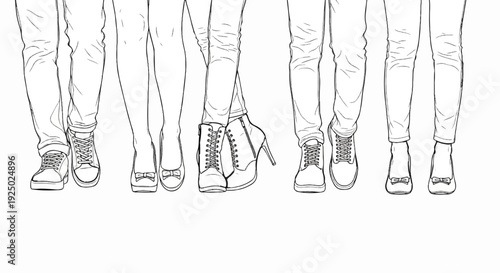 Diverse footwear and denim styles showcased on a line of legs