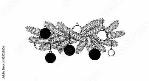 A festive garland of pine branches adorned with black and white baubles