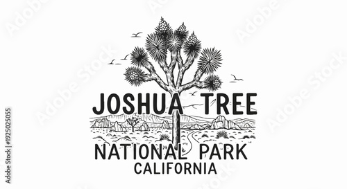 Sketchy illustration of a Joshua tree, mountains, birds, and desert flora