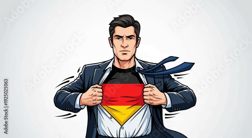 Man in suit reveals German flag t-shirt