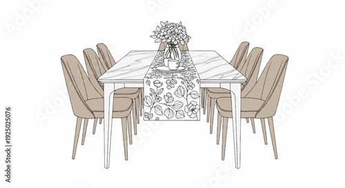 A marble dining table is set with a floral runner, vase of flowers, and cups