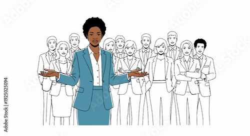 Diverse group of professionals in business attire, led by a woman in blue