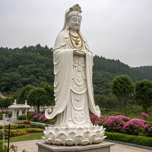 Sculpture of the goddess of the earth mother against the backdrop of an Asian landscape. Illustration of a landmark, a cultural and religious monument in an eastern country.