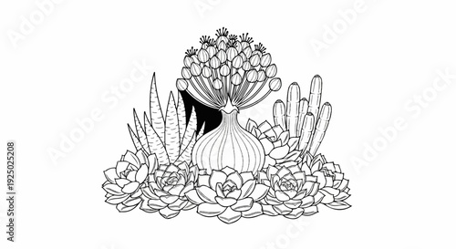 An artistic sketch of various succulents and a prominent onion-shaped flower