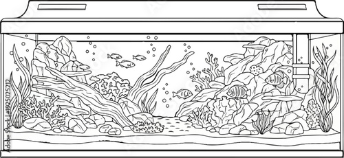 A black and white illustration of a richly decorated aquarium with various fish