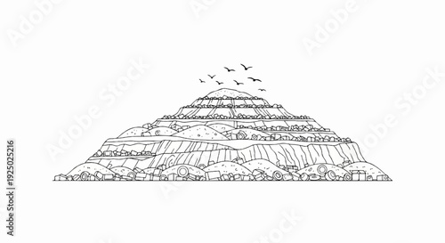 Stylized depiction of a terraced mountain settlement with birds overhead