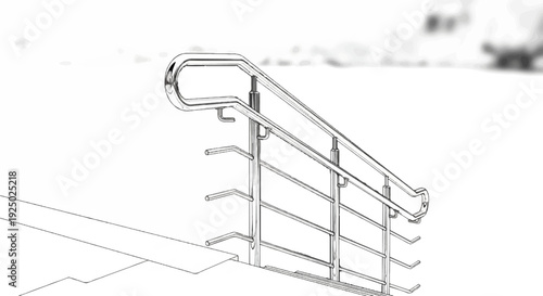 Modern metallic staircase railing with curved handrails and horizontal bars