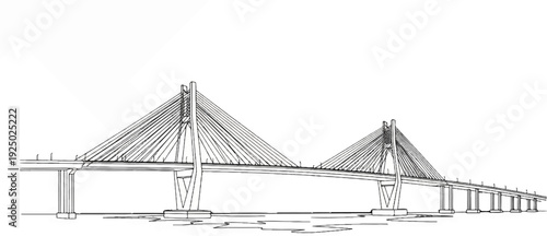 A drawing of a large cable-stayed bridge spanning over water with multiple towers and support structures