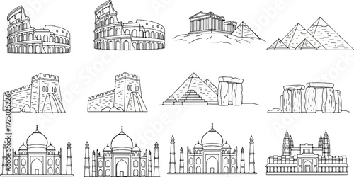 A collage of iconic world architectural landmarks in black and white