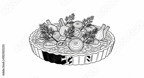A black and white illustration of a savory tart with onions, fennel, and dill