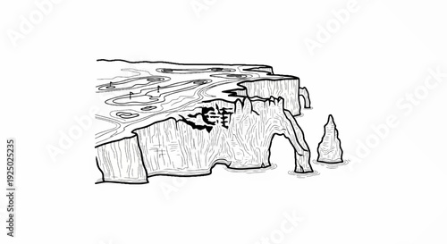 Stylized ink drawing of a coastal golf course with dramatic sea stacks