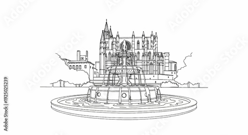 A grand multi-tiered fountain in foreground with a gothic cathedral behind