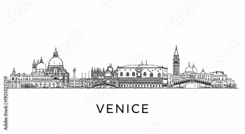 A detailed black and white line drawing of the iconic Venice skyline