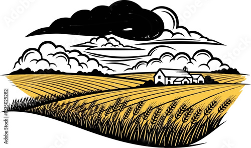 A farm building sits nestled amongst golden fields under a dramatic, stormy sky