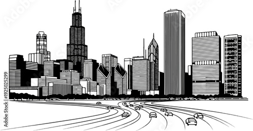 Stylized skyline with a busy highway and cars driving towards skyscrapers