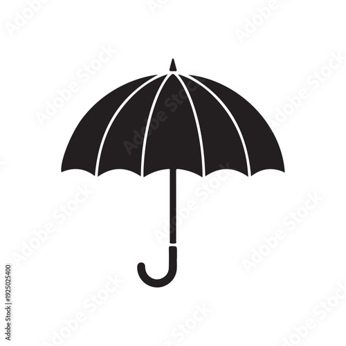 Black umbrella icon with white lines on solid white background for protection and weather concepts