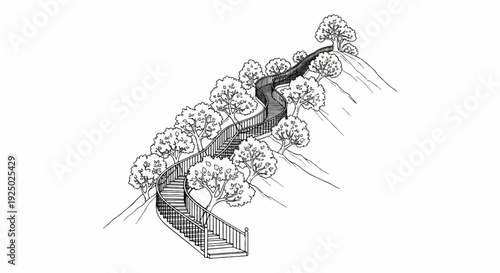 A winding staircase curves up a grassy slope, lined with leafy trees